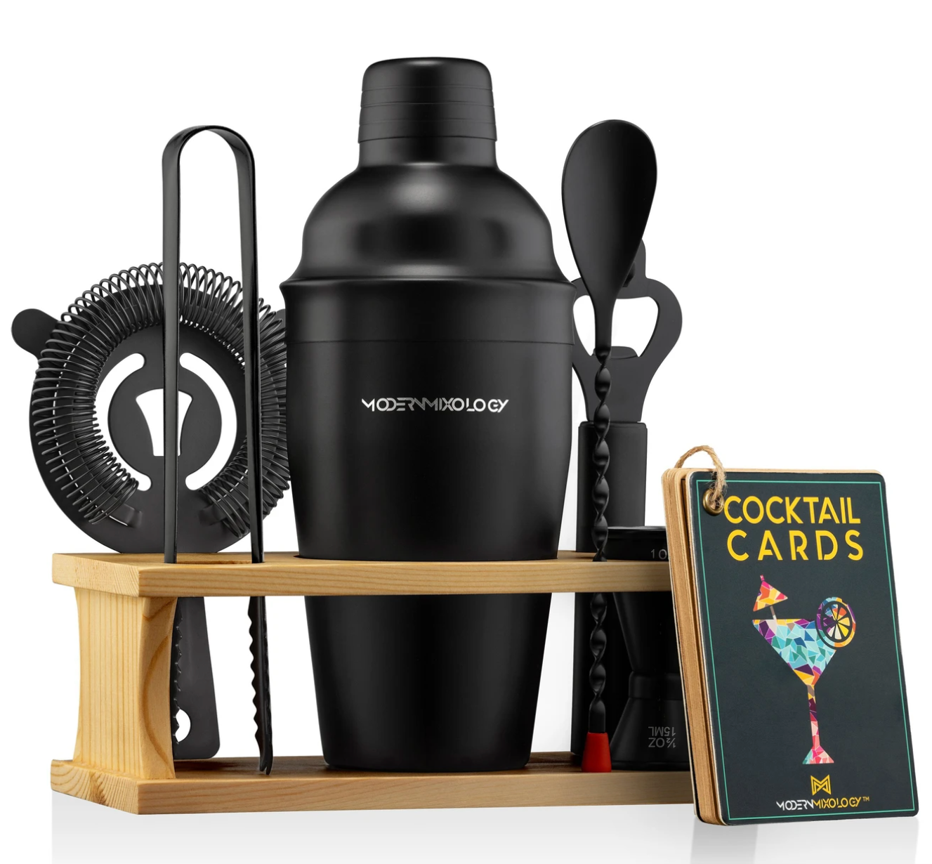 Ensemble de shaker à cocktail noir mat avec support en bois