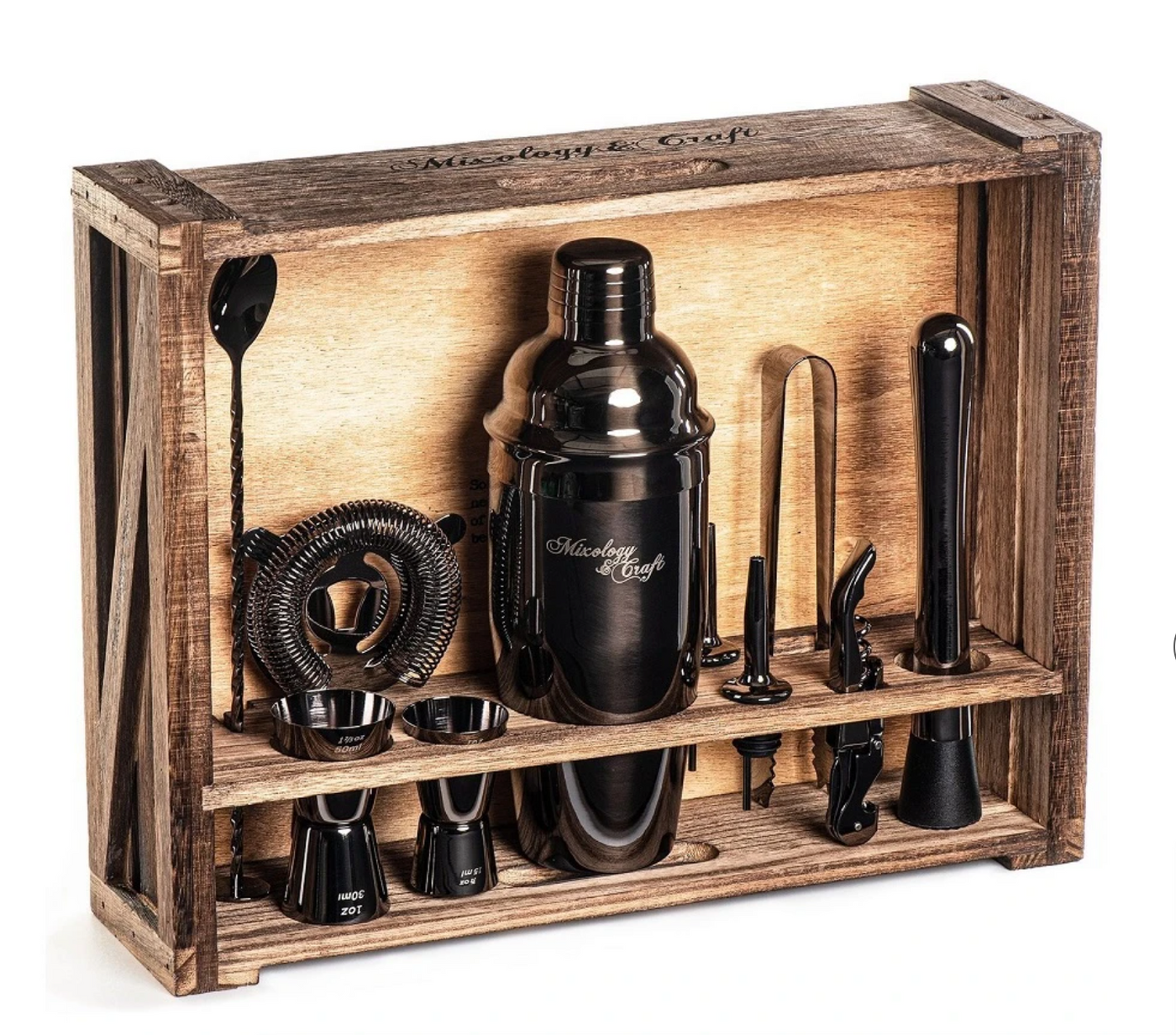 Kit de barman en gun metal black avec support en bois rustique