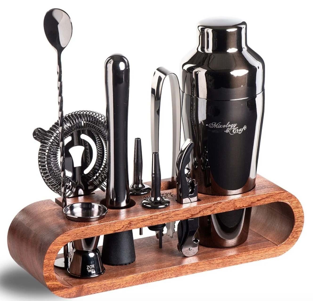 Kit de barman noir gun-metal avec support en acajou moderne